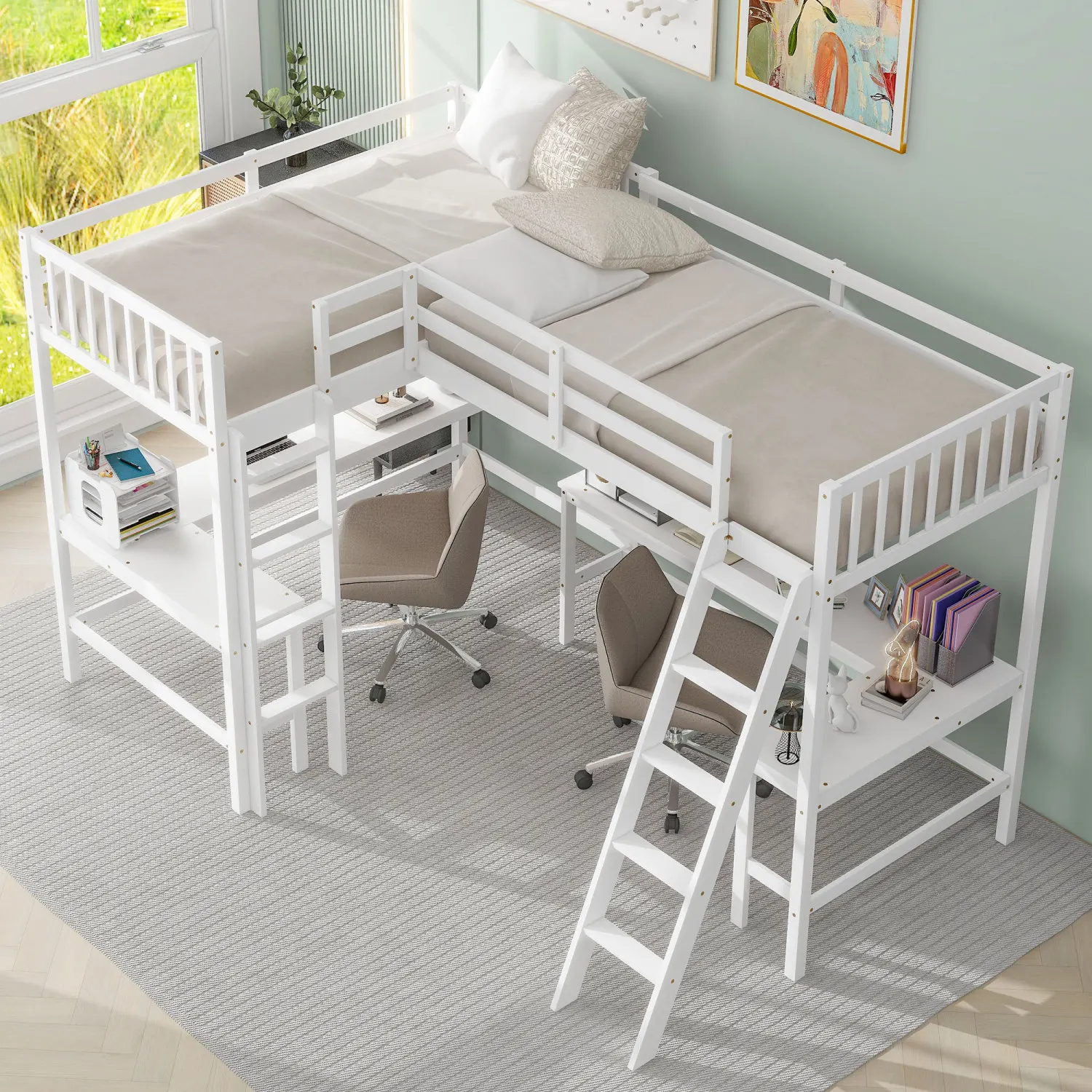 Wood Twin L-Shaped Loft Bed with Ladder, 2 Desks, White