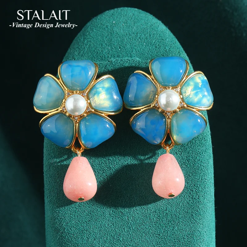 

Luxury Blue Glass Flower Earrings Drop Pink Designer Statement Large Gold Color Vintage Jewelry High Quality Accessories 2025