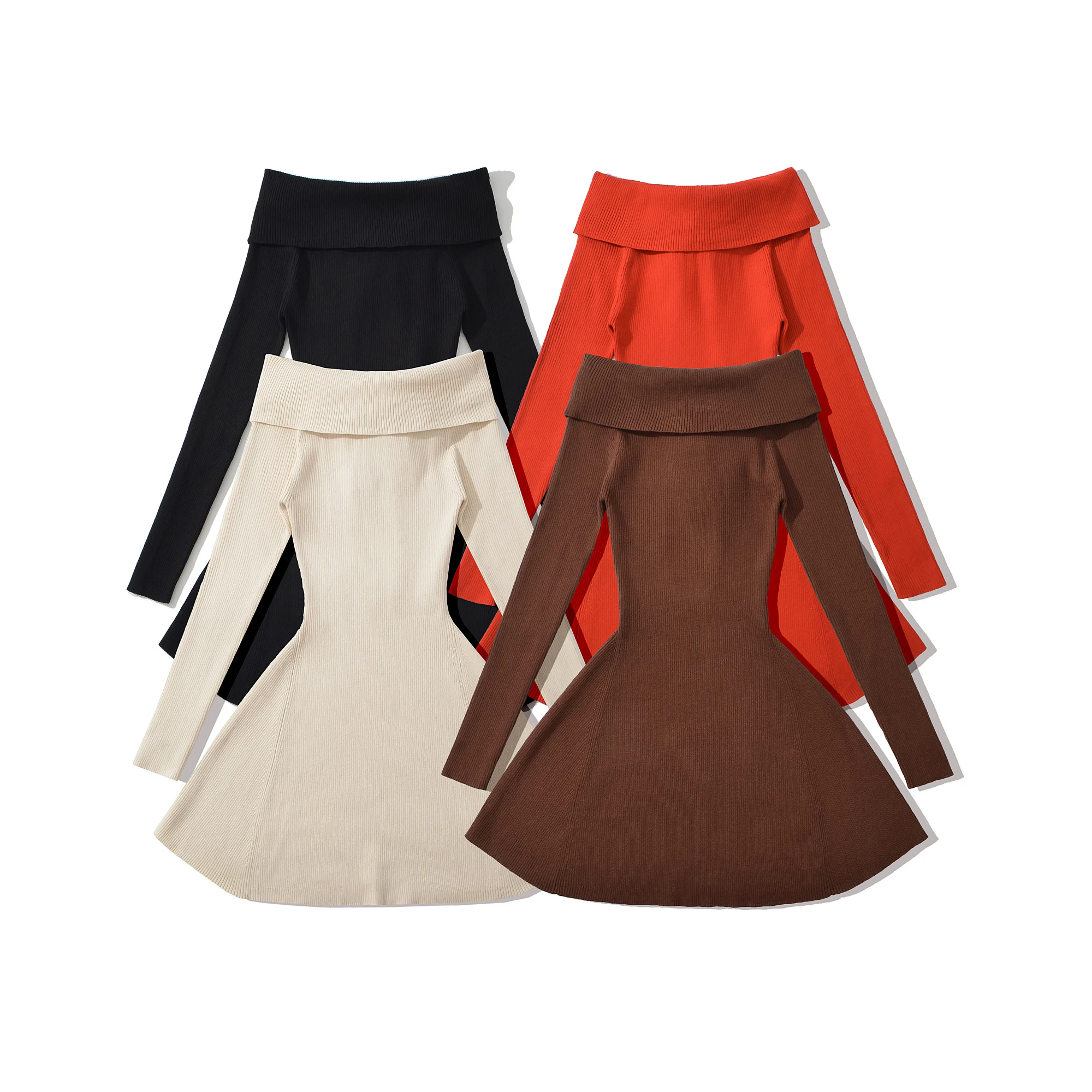 2025 Autumn Sexy Slash Shoulder Knitted Mini Sweater Dress Women Bow Cut Out Back Backless A-line Full Sleeve Robe Knitwear