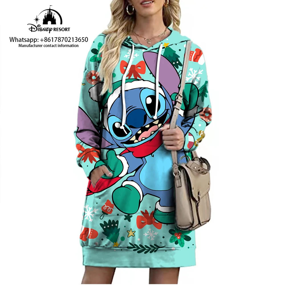 Christmas Disney Brand Stitch Cartoon Long Hoodie Autumn New Mini Sexy Long Sleeved Dress Korean Fashion Elegant Ladies Party