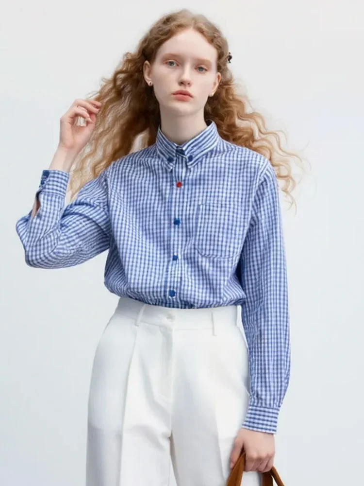 

Женская рубашка ZhuoZhi синяя в клетку на пуговицах, свободного кроя, весна 2026, новый стиль, интеллектуальная мода, французский стиль, с длинным рукавом, с воротником