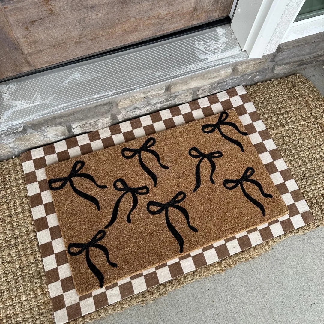 Black Bow Knot Coir Door Mat Simple Ribbon Print Indoor Outdoor Front Entryway Welcome Doormat Home Entrance Decor Rug
