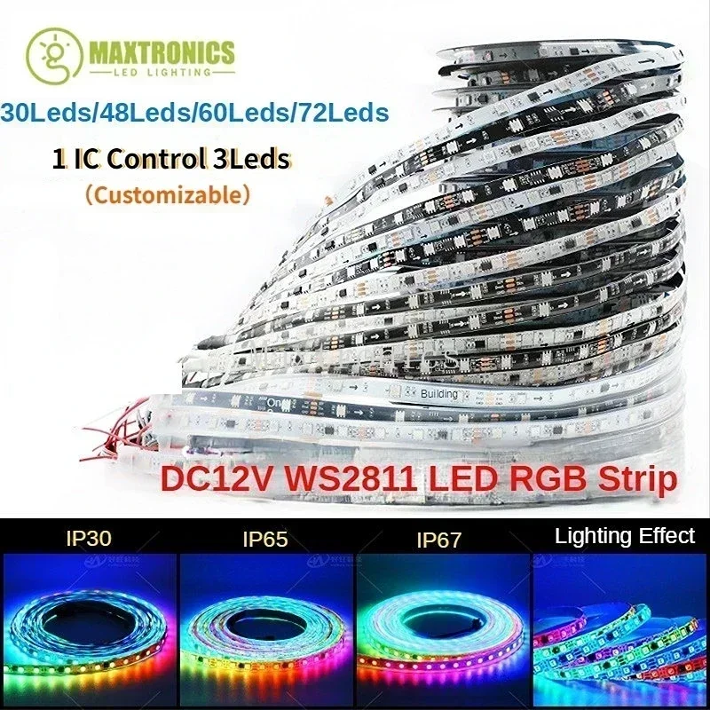 Imagem -02 - Fita Led a Cores Endereçável Individualmente Dual-signal Ws2811 Ws2813 Ws2815 Ws2812b 30 60 144led dc v 12v Novo