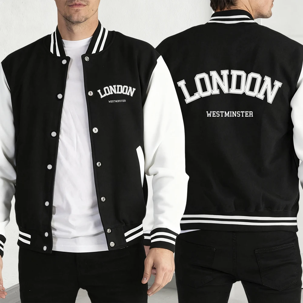 

Мужской бейсбольный трикотаж с принтом Лондонского Вестминстера, свободные повседневные куртки, уличные винтажные флисовые топы, модная одежда на пуговицах для мужчин