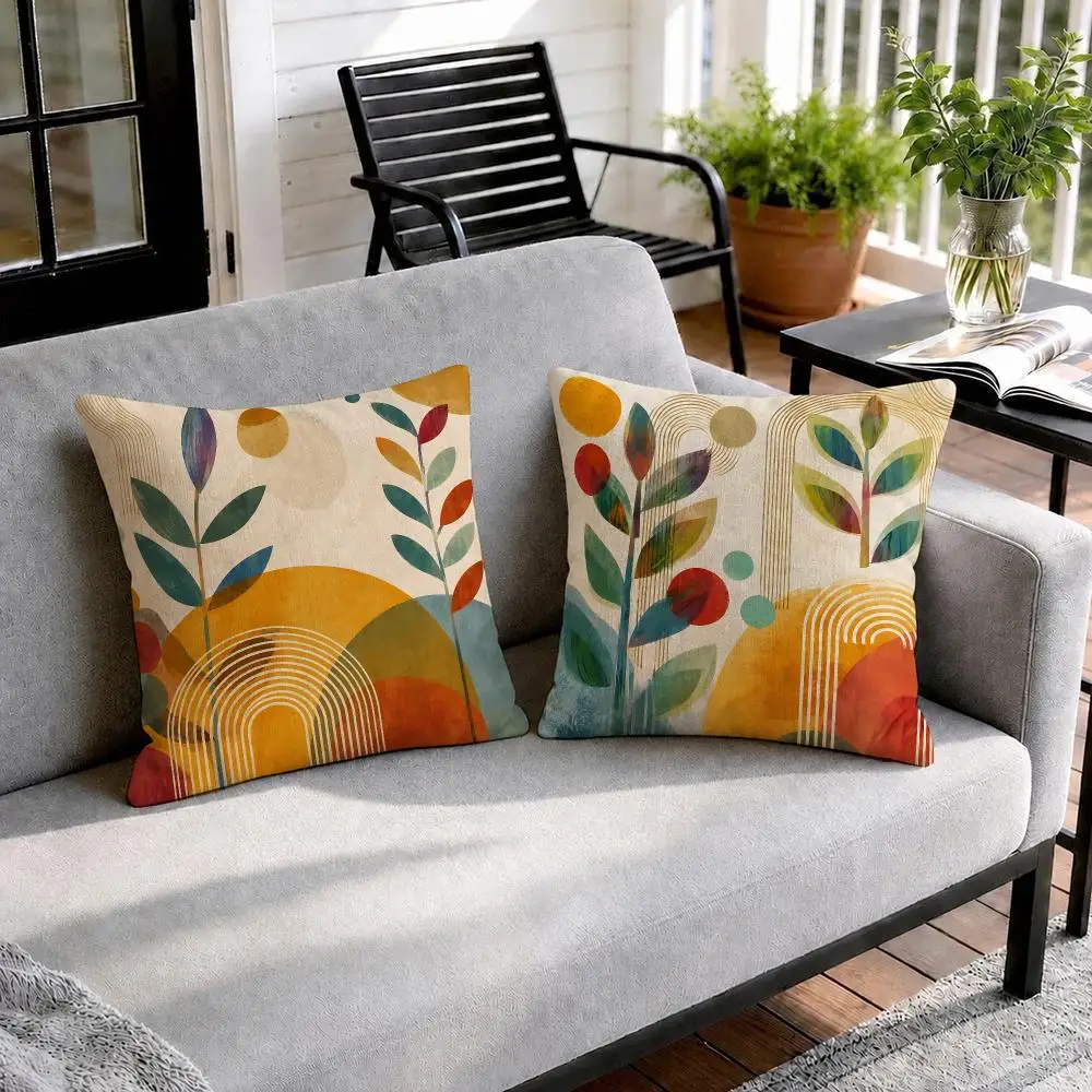 Colorful Abstract Mid Century Cushion Cover Natural Linen Organic Fabric Double-Sided Printing Sofa Home Decor Gift Pillow Cover