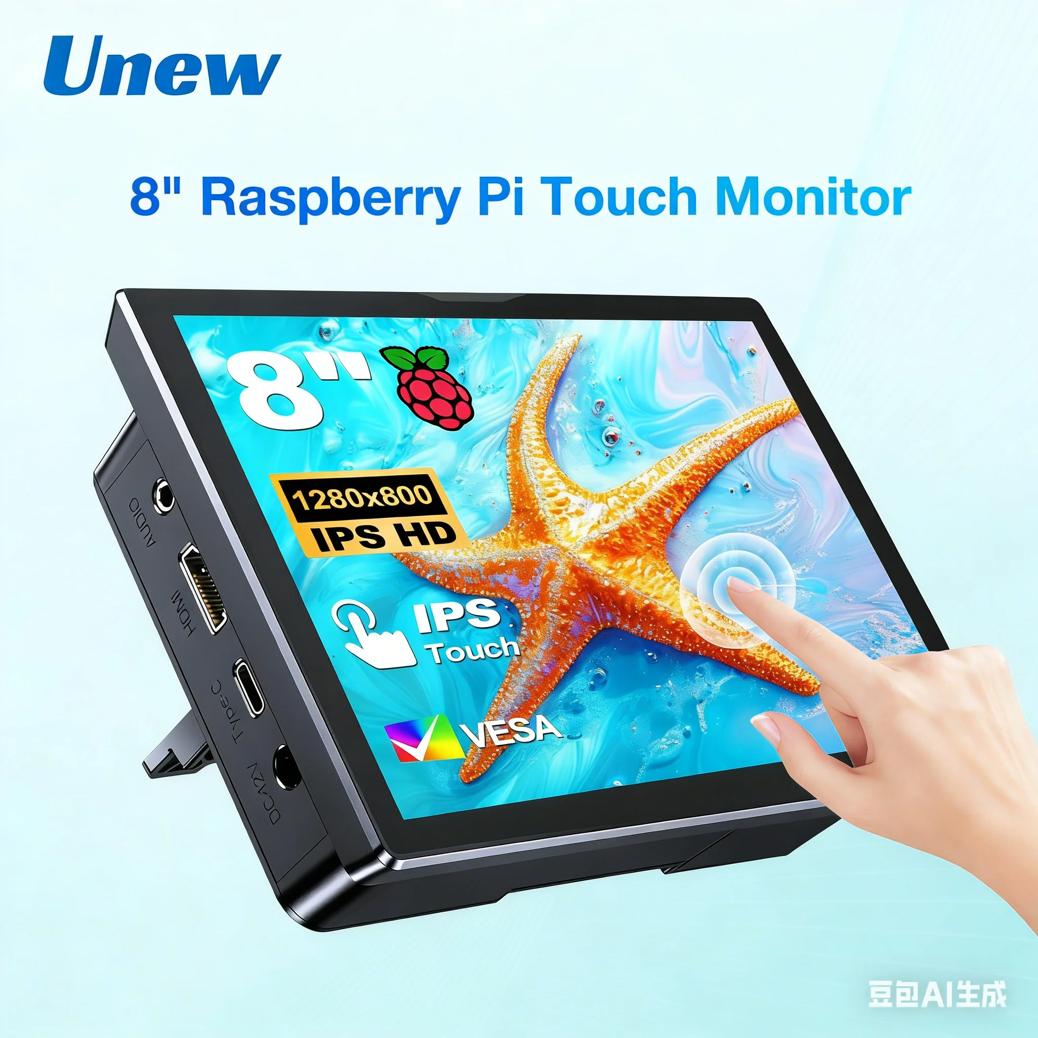 Unew 8 inch Raspberry Pi Monitor 1280x800 16:10 HDMI for Raspberry Pi 5 4 3 Orange Banana Pi DIY Projects Touchscreen Display