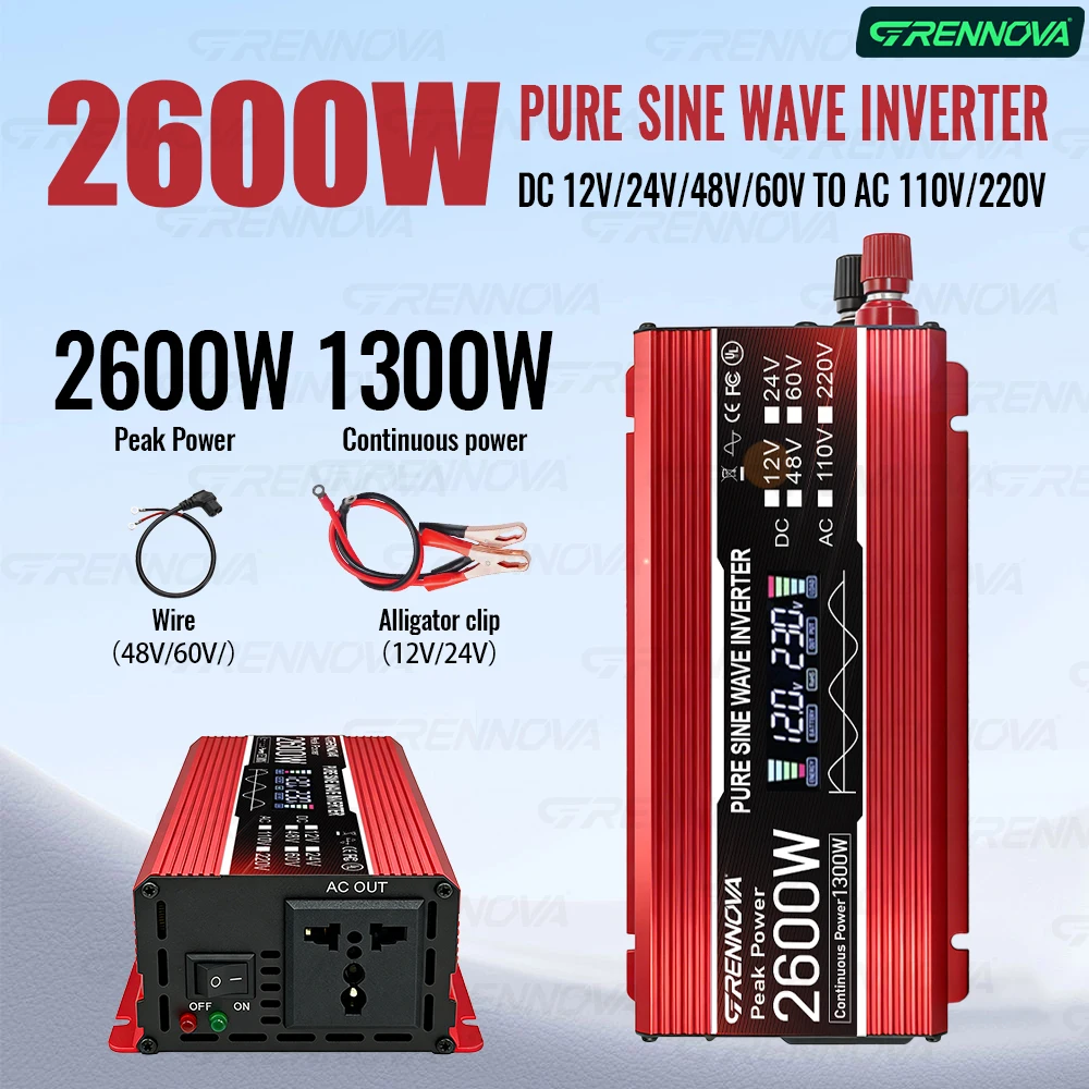 GRENNOVA Real 2600W Pure Sine Wave Inverter 12V/24V/48V/60V/72V to AC Voltage Transformer for Home Backup Solar Off-Grid System