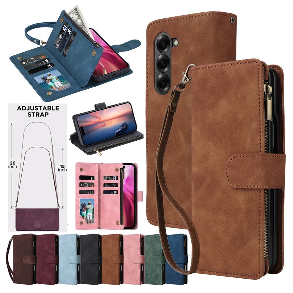 

Flip Leather Case For Samsung Galaxy Z Fold 6 5 4 3 Fold6 Fold5 Fold4 Fold3 Crossbody Wallet Case Phone Cover Lanyard Cards Bag