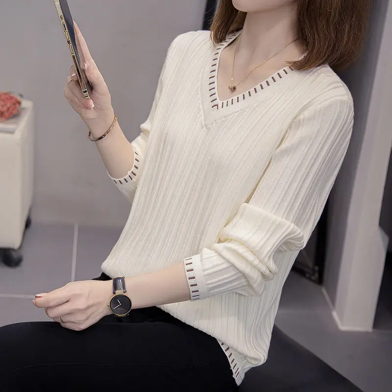 Solid Color Pullover Women's Clothing Spring Autumn Sweater Knitted Long Sleeve Screw Thread V-Neck All-match Trendy Tops
