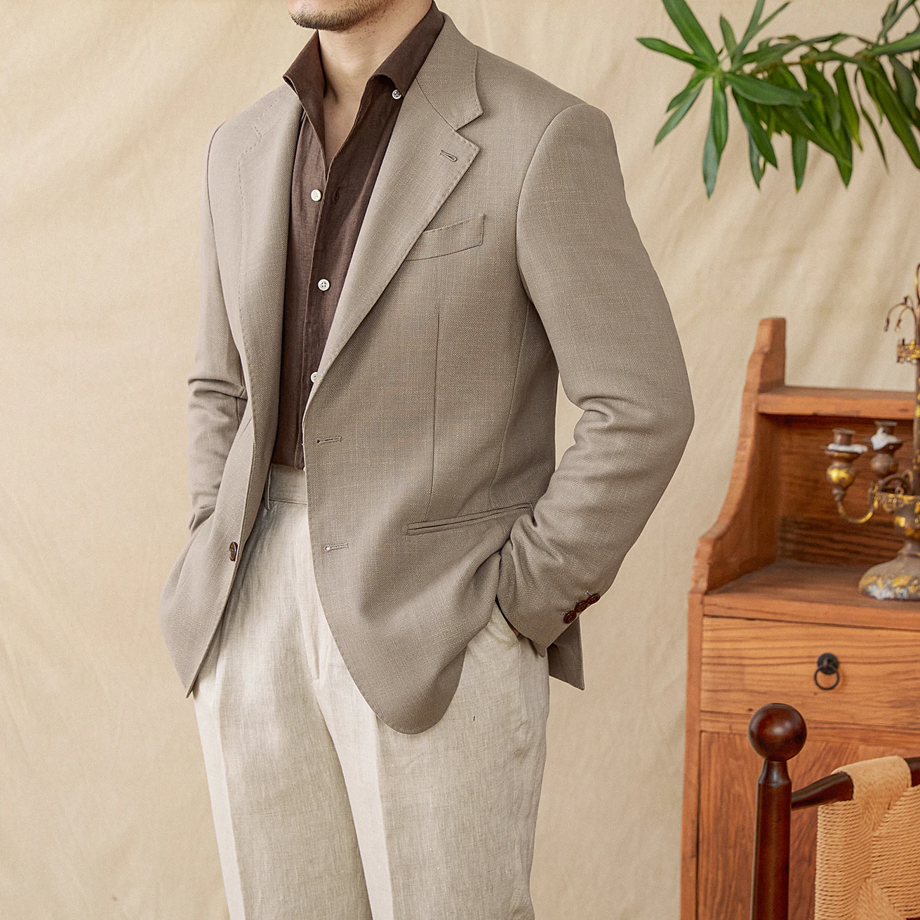 Deer Sanxian Business-style Relaxation Non-ironing Linen Tencel Blended Herringbone Pattern Suit Jacket Men's Casual Suit Trendy