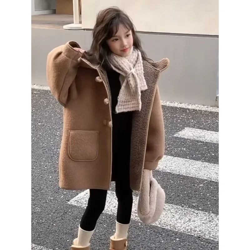 

Girls Plush Coat Autumn and Winter 2025 New Korean Version Children's Thickened Warm Medium and Long Hooded Coat
