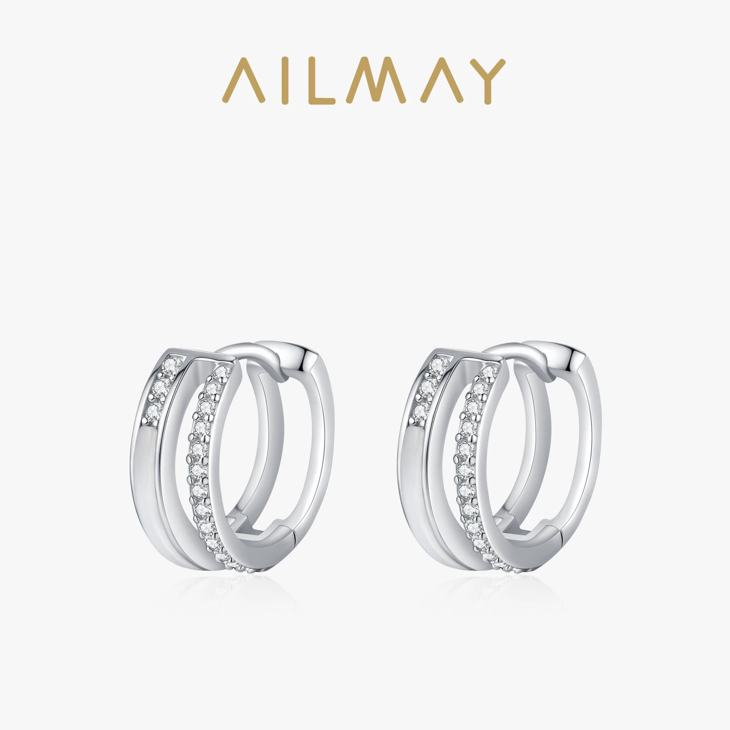 Ailmay 925 Sterling Silver Double layered Line Design Hoop Earrings for Women Simple Design Ring Statement Jewelry Party Gift