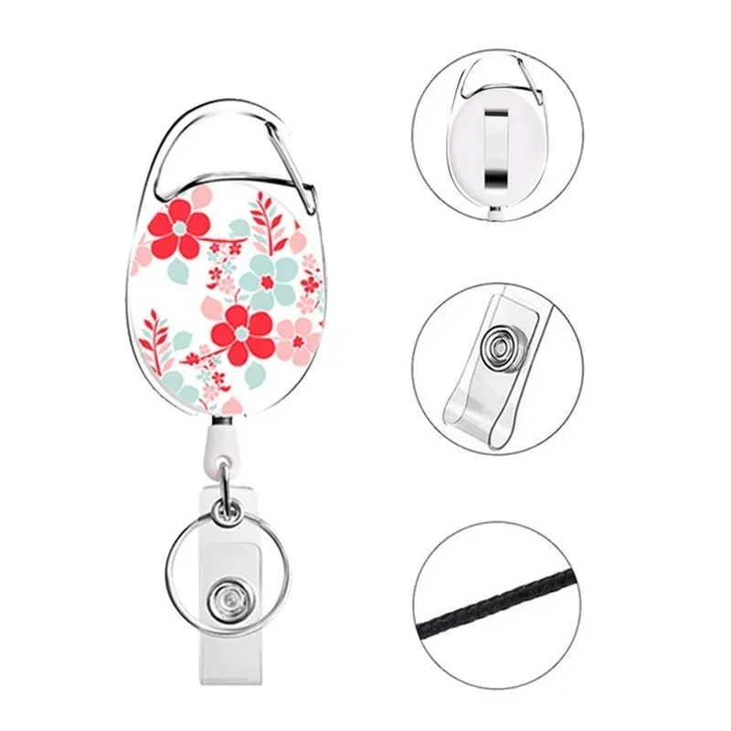 ABS Zinc Alloy Retractable Badge Reel, Cute Flower Leopard Print Leaf Design Retractable ID Badge Reel, Portable Pull Reel Clip