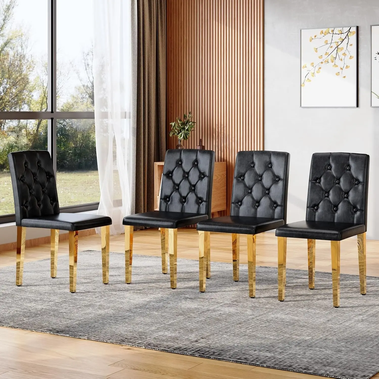4-Pack Black PU Dining Chairs: Ergonomic Buckle backrest, 35 inches high, Golden Metal Legs,Combines Comfort and Texture.Perfect