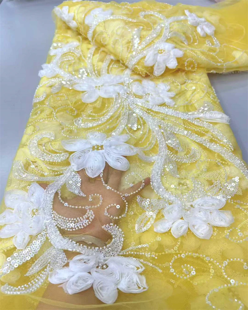 

High Quality French African 3D Lace Fabric with Beaded Embroidery for Women's Wedding Dresses Nigerian Mesh Fabric 5 Yards