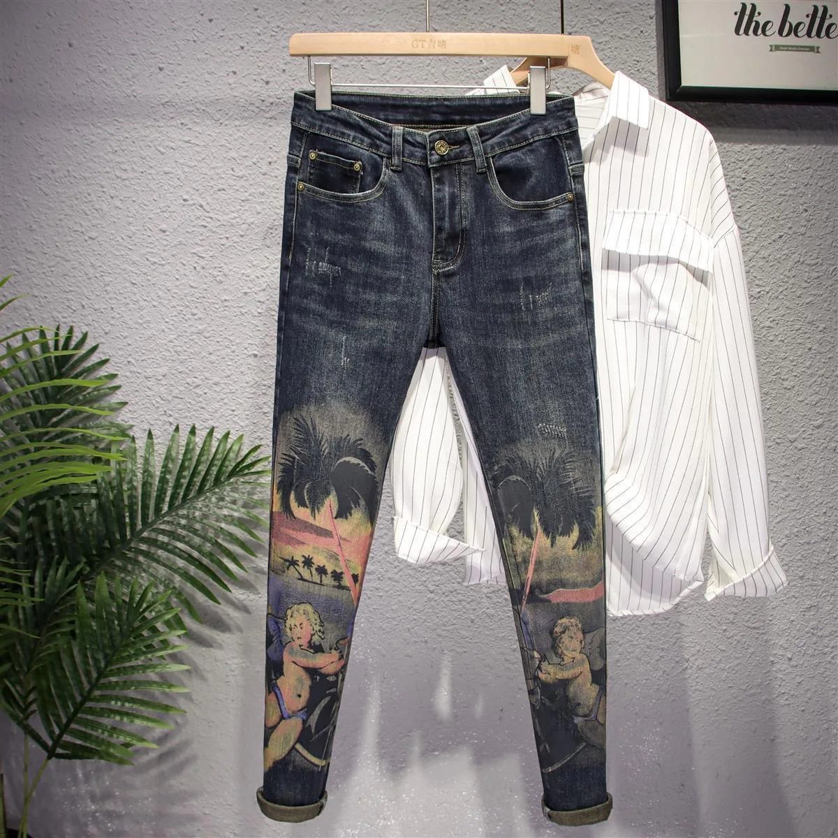 Spring and Autumn New Fashion Trend Printed Straight Leg Elastic Jeans For Men's Casual Retro Sports High-Quality Jeans 28-36
