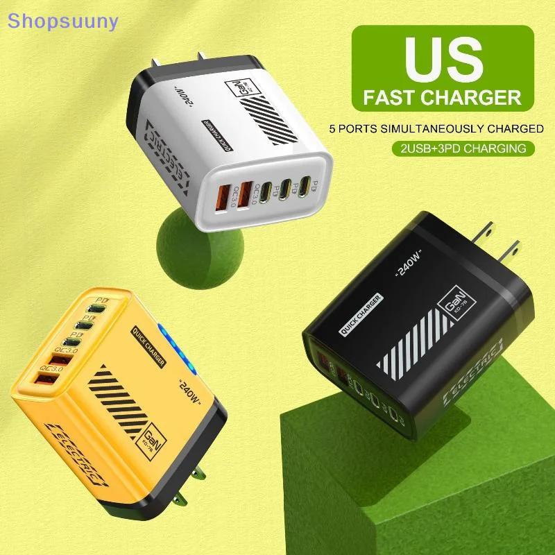 [SU]240W 5 Ports US EU Plug Charger 2 USB 3 Type C Fast Charging PD QC 3.0 Quick Charge Wall Mobile Phone Charger Adapter[SU]