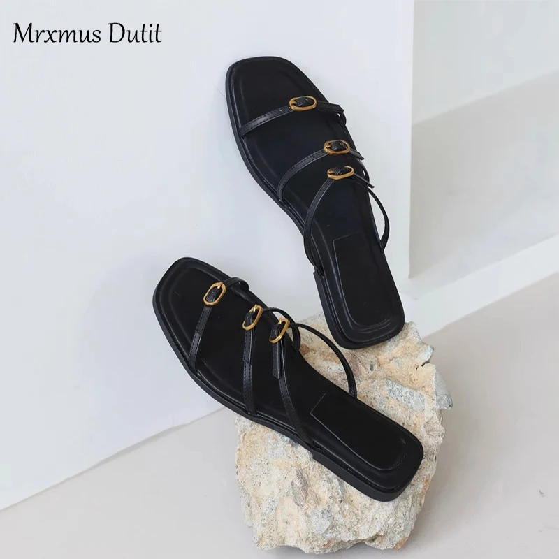 Mrxmus Dutit 2023 New Summer Fashion Genuine Leather Metal Button Flat Slippers Women Sandals Casual Simple Beach Shoes Female