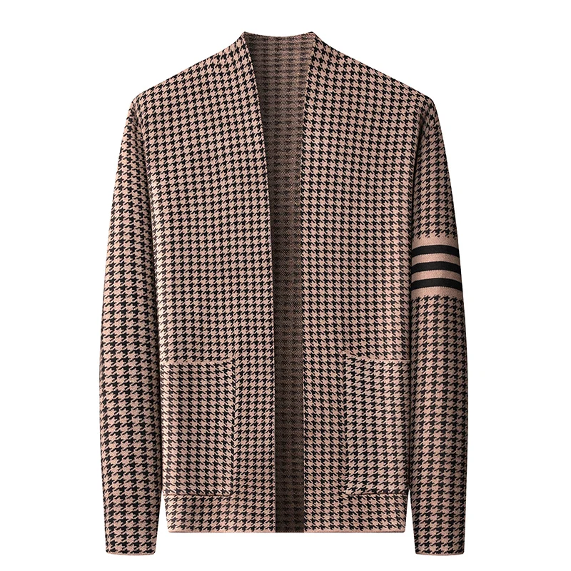 

Personality luxury checkered printed knitted coat men new Korean style fashion pocket soft comfort casual premium shawl cardigan
