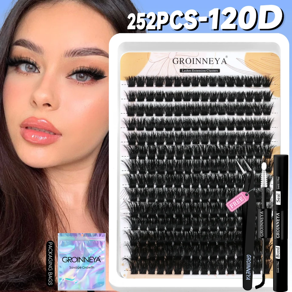 Kit de racimos de pestañas GROINNEYA con fijación fuerte resistente al agua, kit de extensiones de pestañas DIY con adhesivo y sellador y pinzas para pestañas 6