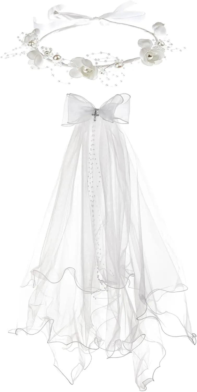 

Girls Communion Bow & Dangle Cross Charm with 24-Inch Veil on Hair Comb, White Floral Crown