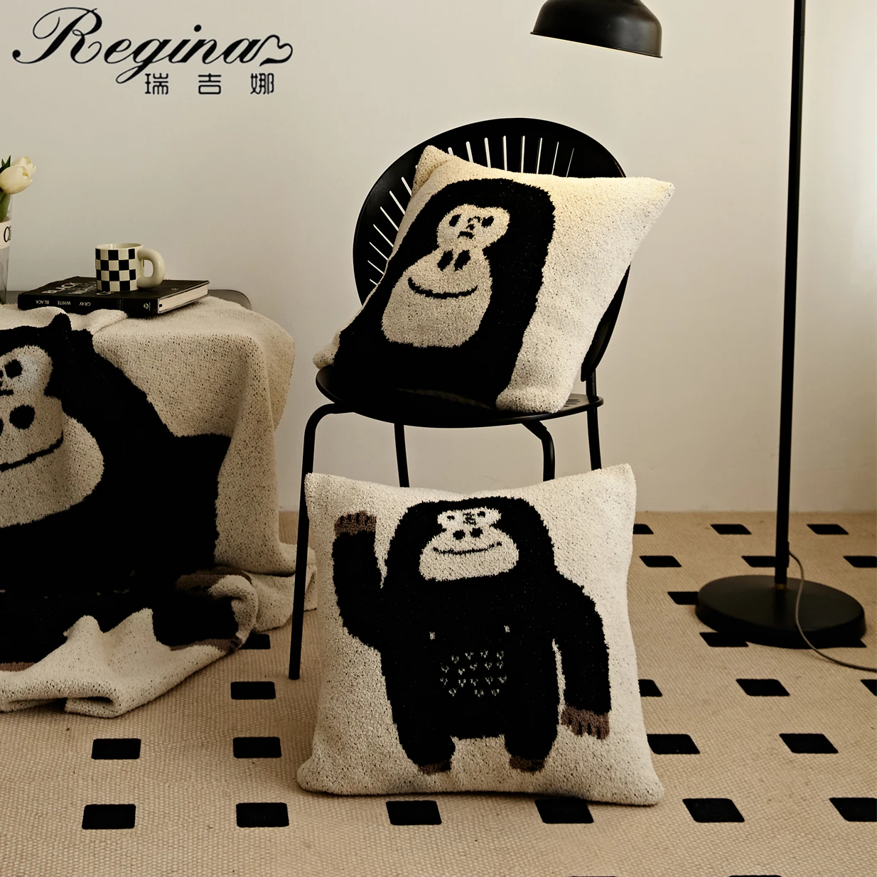 REGINA Kawaii Cartoon Gorilla Pillow Case Sofa Cozy Fluffy Cute Cushion Cover 45*45cm Home Decorative Sofa Bed Knit Pillow Cover