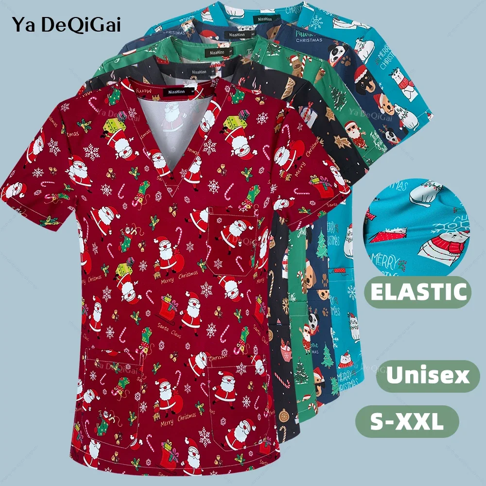 New Santa Medical Uniforms Women Men Nurse Accessories Clinical Uniform Dentist Work Blouse Vet Spa Christmas Scrubs Tops