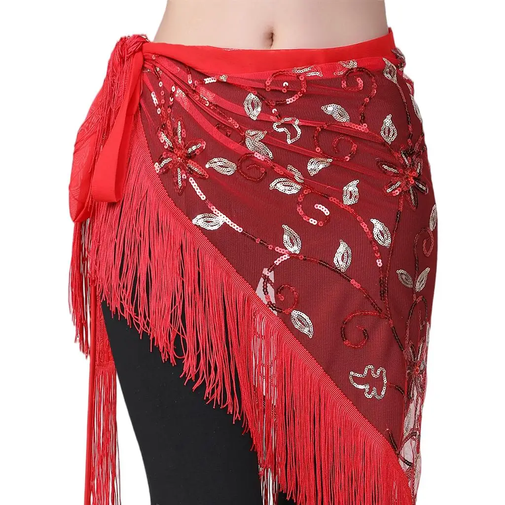 Bohemian Chiffon Belly Dance Hip Scarf Tassel Wrap Skirt Sequin Belt for Stage Performance Party Outfit