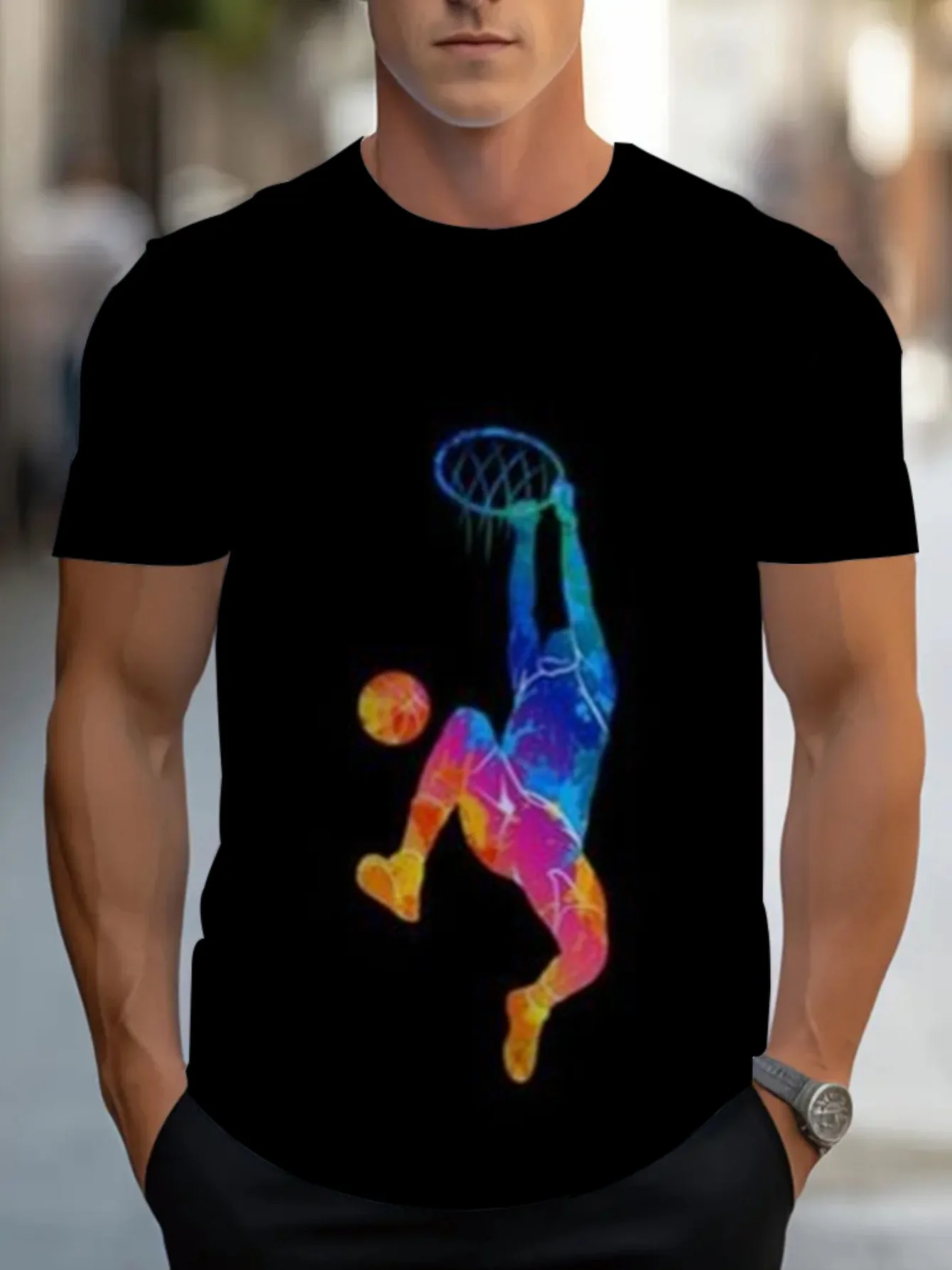 

Tie Dye Watercolor Basketball Player Dunk Graphic Tee Men Cotton Crew Neck Sports T-Shirt Spring Fall