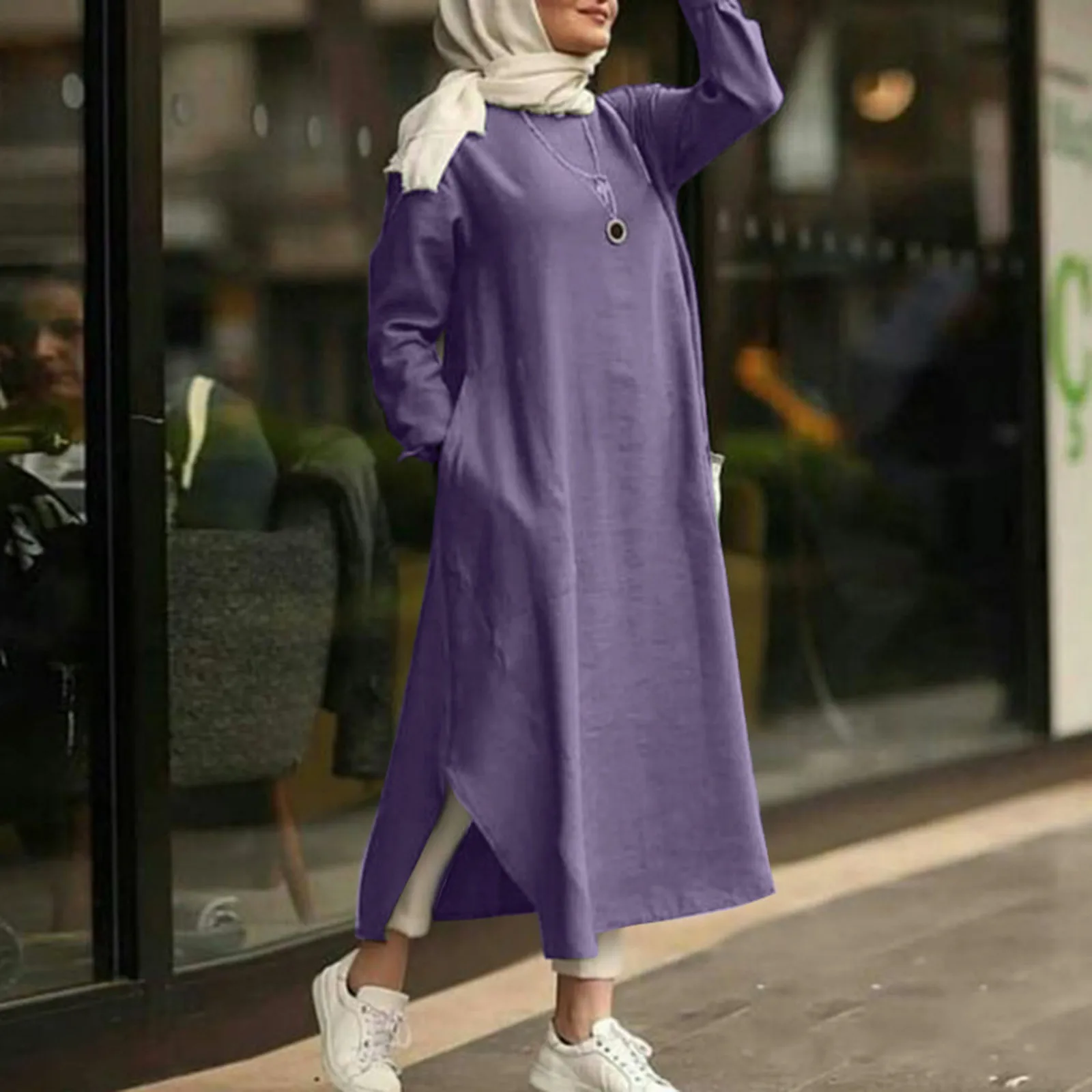 2024 Kaftan Muslim Maxi Dress Women\'s Islamic Sundress Long Sleeve Vestidos Female Casual Solid Robe Femme