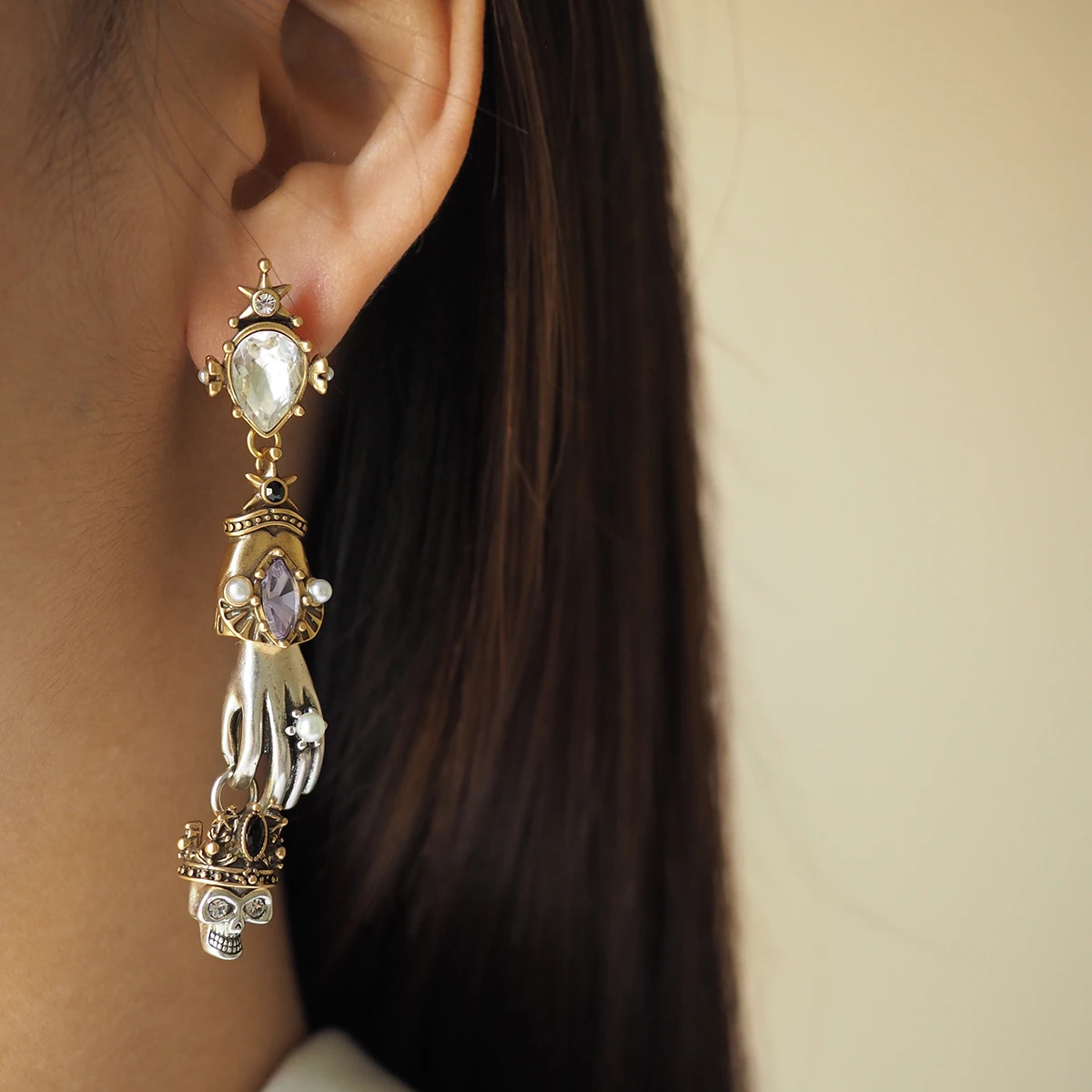 

Europe American Fashion Gold Silver Pearl Crystal Skull Pendant Earrings Necklace Set Women High Quality Vintage Jewelry