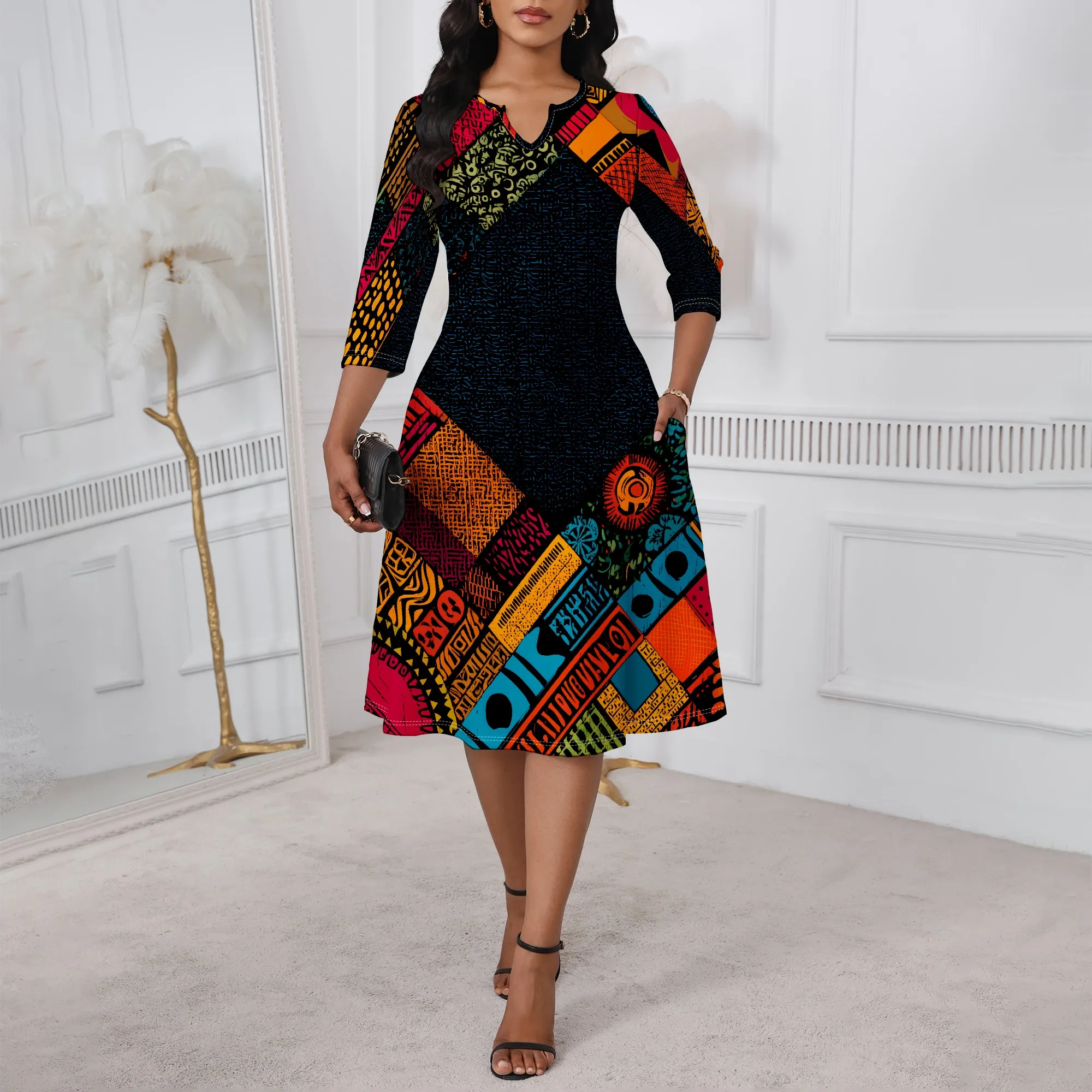 

Colorful Afro Patchwork Dress XS-3XL 3/4 Sleeve A-Line Style for Kwanzaa, Juneteenth Parade or Afro Street Festival Look