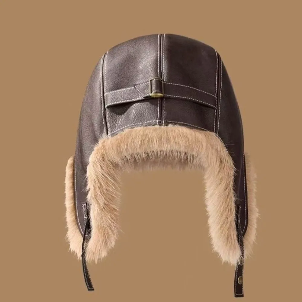 Faux Leather Winter Warm Hat Faux Fur Lined Ear Flap Design Thick Faux Fur Lined Hat Windproof Construction Thick Material