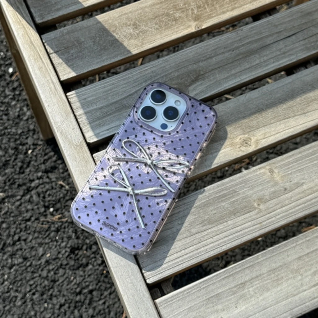 

Glossy Purple Black Circular Dots Stereoscopic Silvery Bowknot Shock Proof Phone Cover Case for iPhone 16 15 14 13 Pro Max