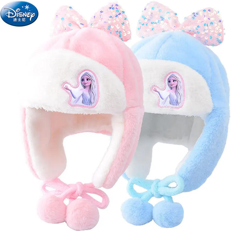 Disney Hat Frozen Peaked Cap for Girls Elsa Kids Accessories Add Velvet Ear Protection Cold Proof Windproof Autumn and Winter