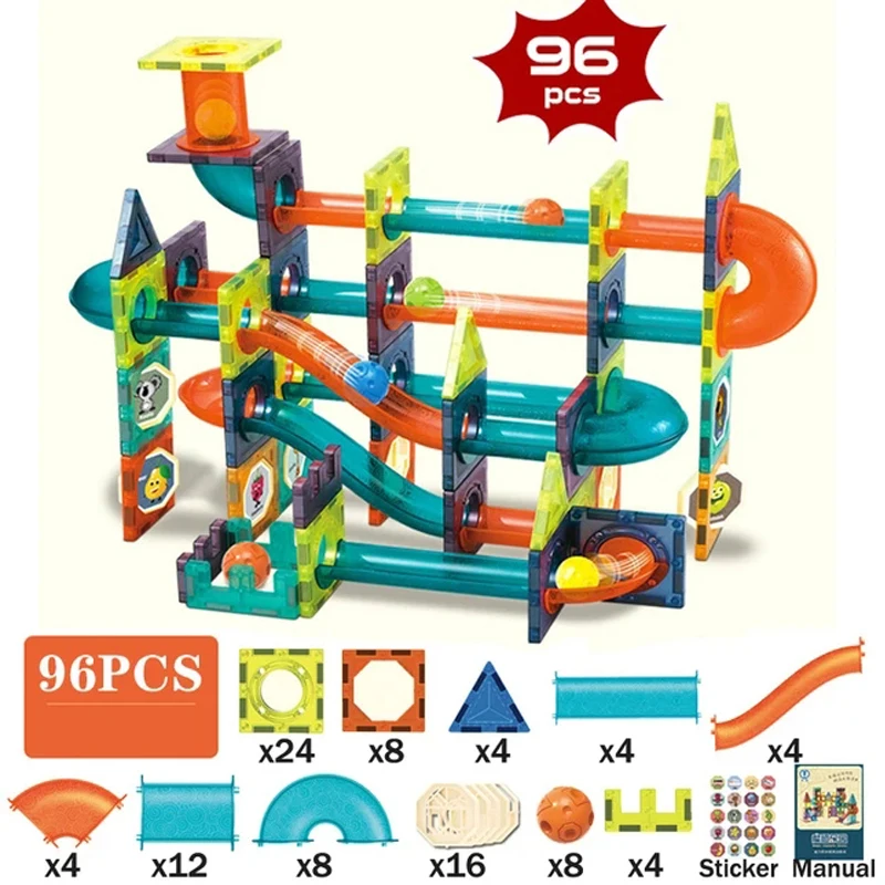 96PCS Magnetic Constructor Marble Race Run Track Magnet Blocks Model Building Bricks Educational Toys for Children Gifts