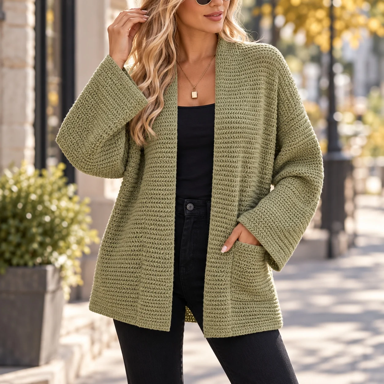 Long Sleeve Pocket Sweater Midi Length American and European Style with Heat Set Finish Single V Neck Cardigan for Women