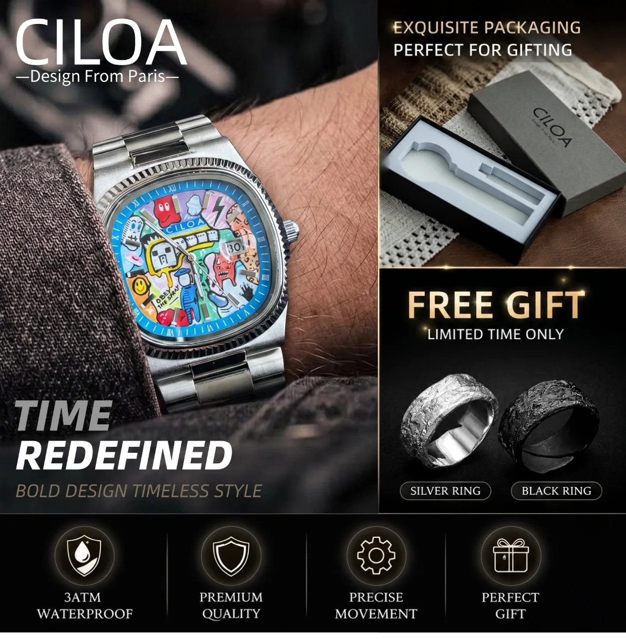 CILOA Man fashion quartz wristwatches men's watches men automatic man mechanical Men watch Men's Luxury waterproof mens gift