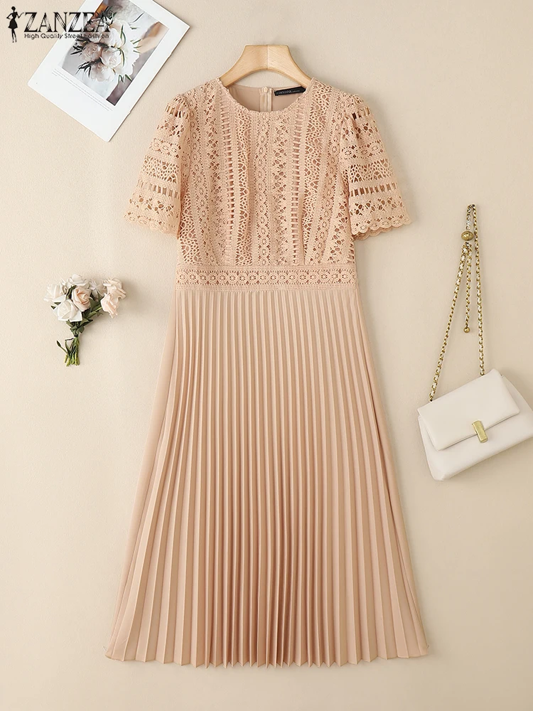 ZANZEA Summer Lace Patchwork Dress Elegant Women Desses 2025 Stylish Party Sundress Fashion Short Sleeve Pleated Work Vestidos