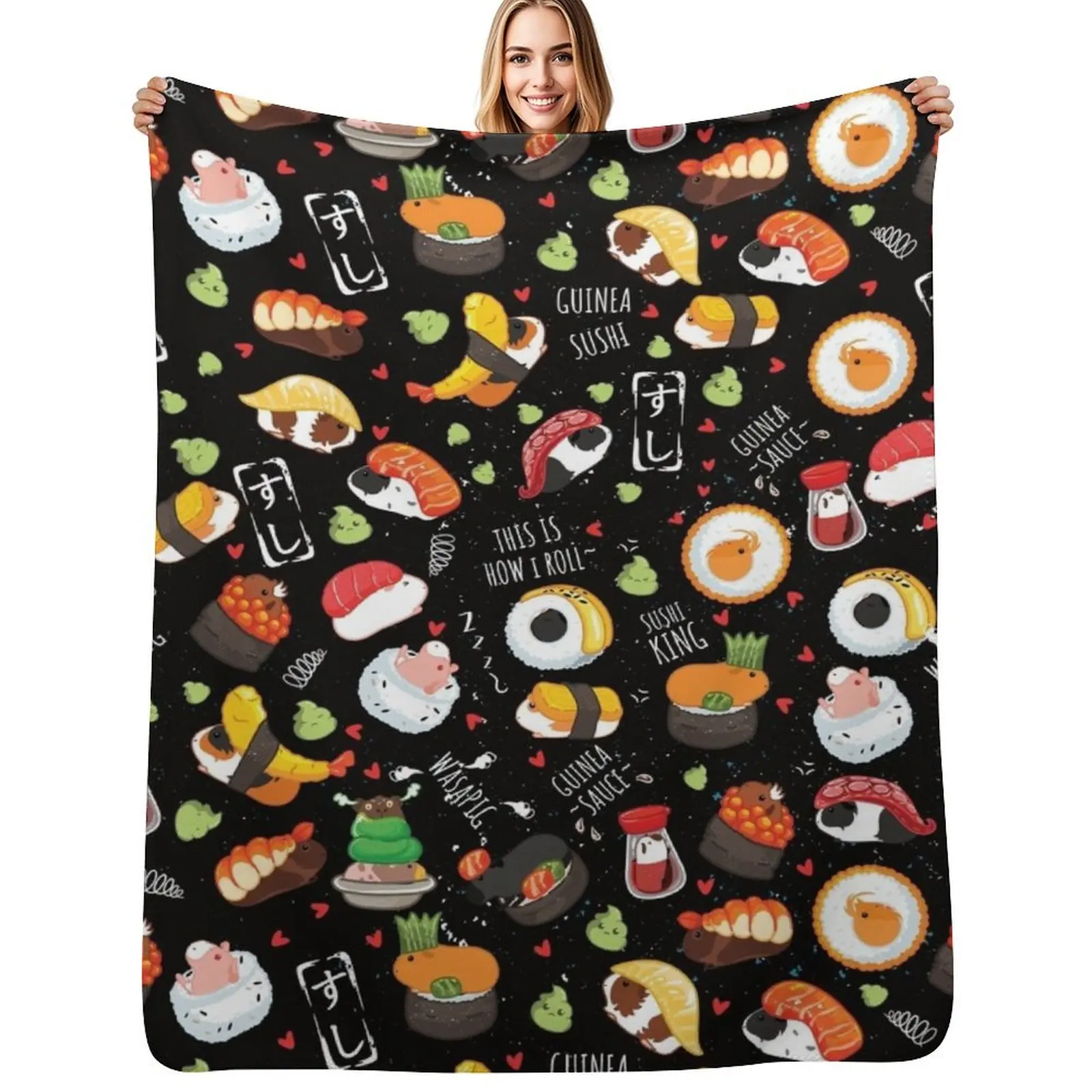 Japanese Guinea Pig Sushi - Black Background Throw Blanket Compact Warm Blanket for Car Road Trip