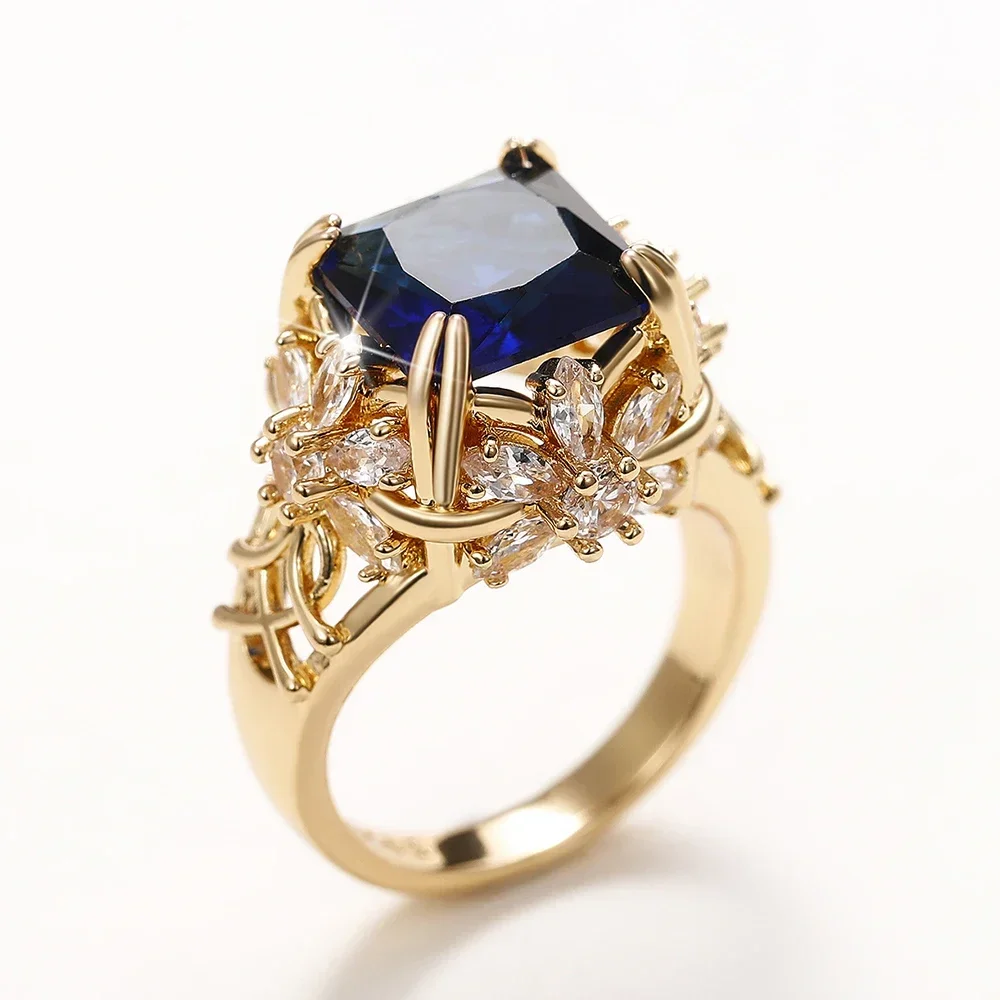 Huitan Gorgeous Dark Blue CZ Female Ring Dazzling Flower Design Aesthetic Women Accessories Anniversary Party New 2025 Jewelry