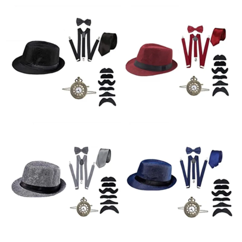 

New hot selling 1920s Gatsby ball party men's top hat, pocket watch, strap, tie, hat set, one piece for distribution