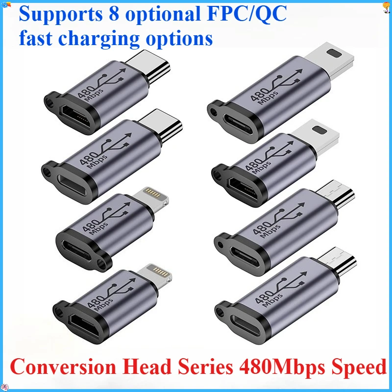 1PCS   Fast Charging QC 480Mbbs Type-C Female Adapter with Lighting Micro MiniUSB for Mobile Phones  Componentes Eléctricos
