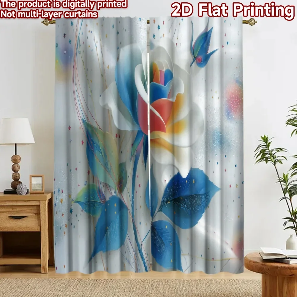 Elegant Floral Print Curtain Blue Abstract Botanical Drapes Modern Living Room Window Treatment Curtain