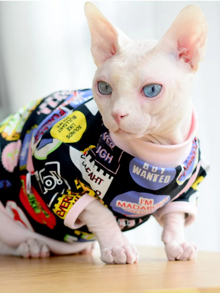 Cotton T-Shirt for Sphynx Cat 2-Legged Soft Short Sleeves Vest for Kittens Cute Animal Cartoon Coat for Devon Rex in Spring