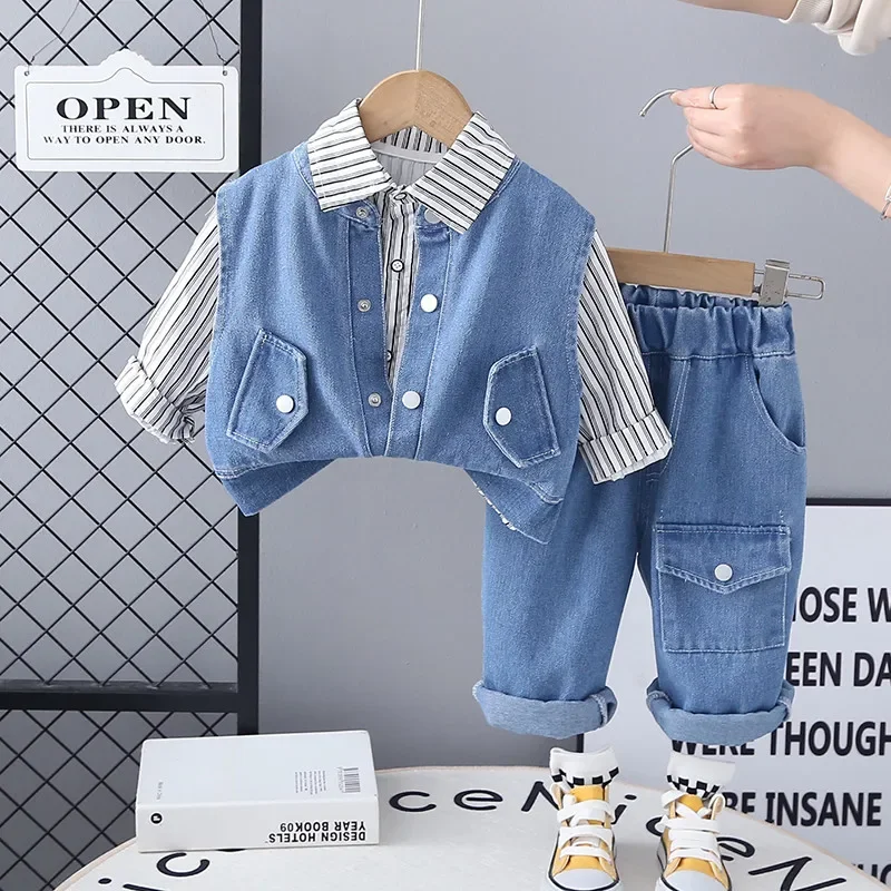 

New Boys' Set Spring and Autumn Clothing Children's Baby Cowboy Vest Vertical Shirt Pants 3-Piece Set
