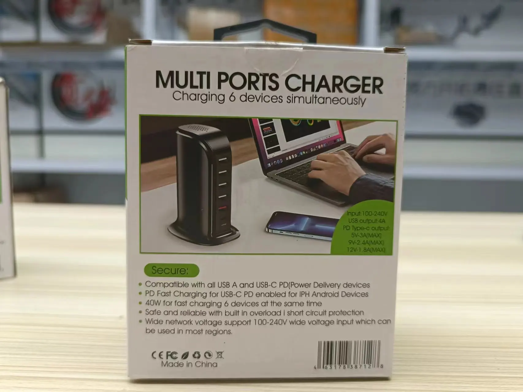 6 포트 USB 벽 충전기 데스크탑 충전 스테이션 빠른 충전 PD 20W USB C 충전기 포트 40W 출력 6 in 1 고속 충전기