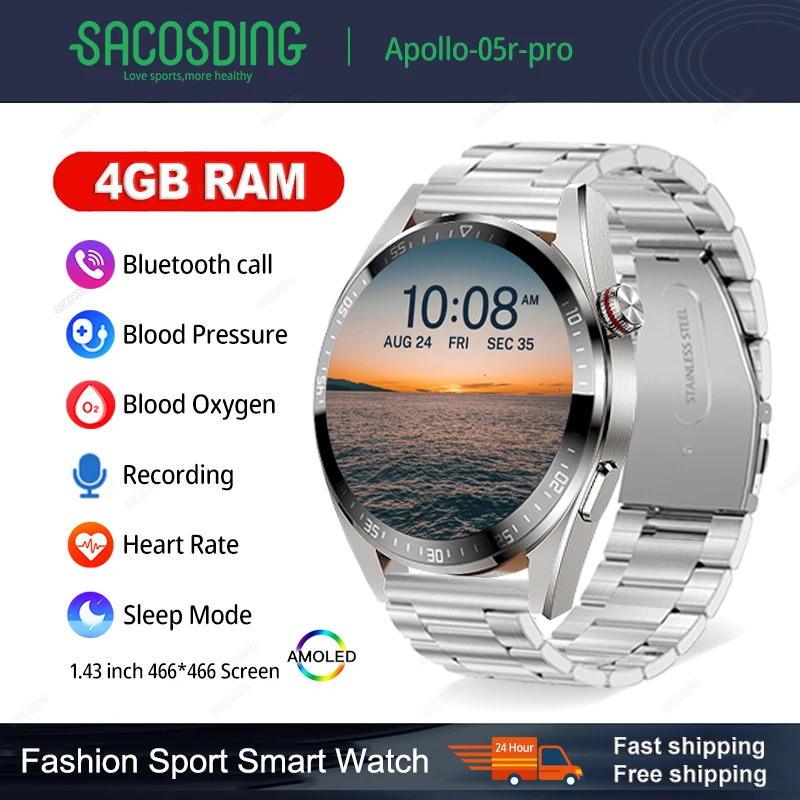 

Bluetooth Call 4GB Local Music Smart Watch Men 466*466 AMOLED Screen Watch Recording Voice assistant IP67 Waterproof Smart Watch