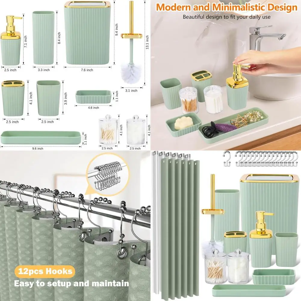 

Light Green 23-Piece Bathroom Accessory Set: Shower Curtain, Trash Bin, Toothbrush Holder, Soap Dispenser, Cup, Tray, Dish, Toil