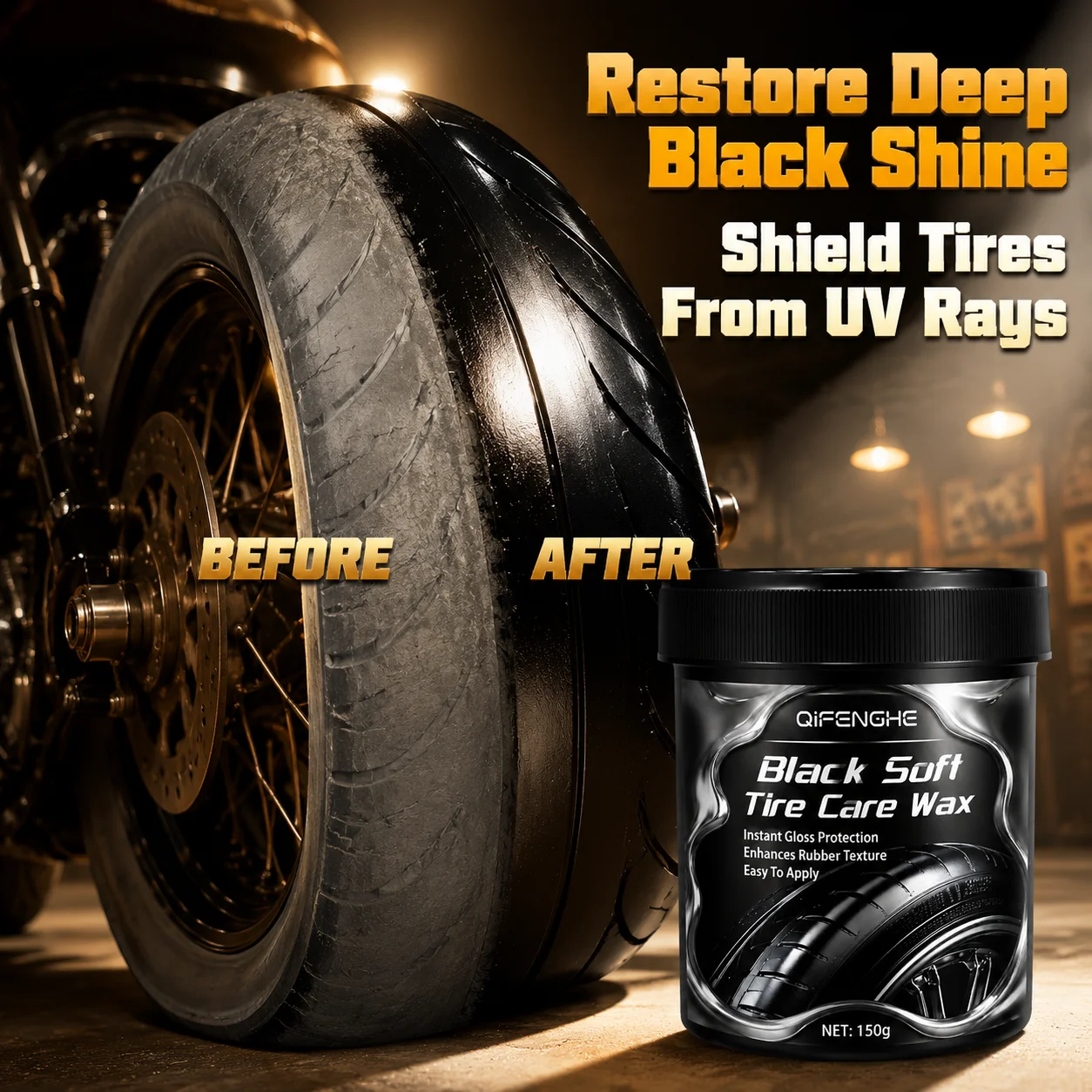 Long Lasting Gloss Tire Dressing Wax for Car SUV Truck Motorcycle Tires Restore Deep Black Shine UV Shield 150g